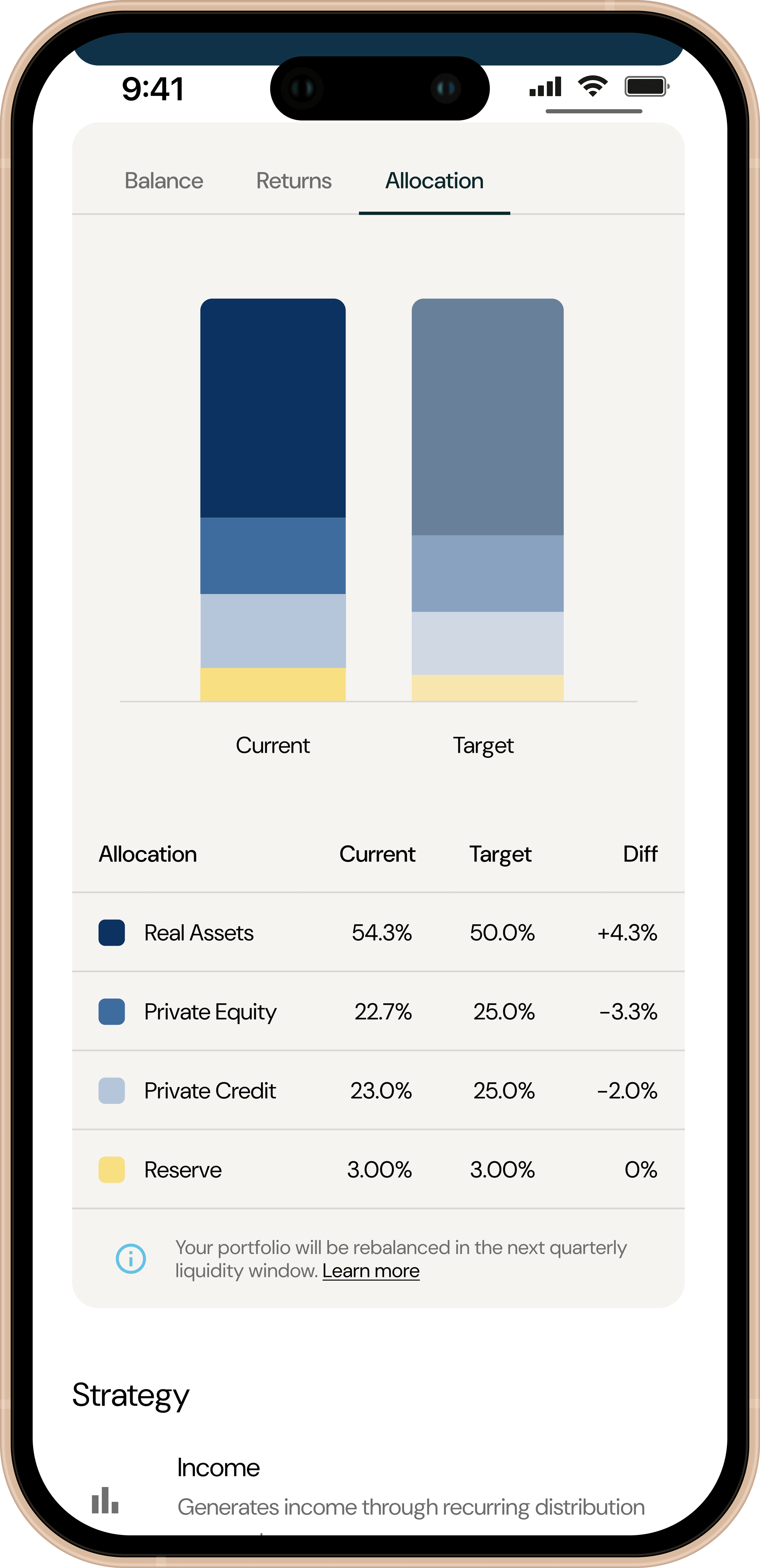 Investment allocation chart on Managed Portfolio's overview, on mobile