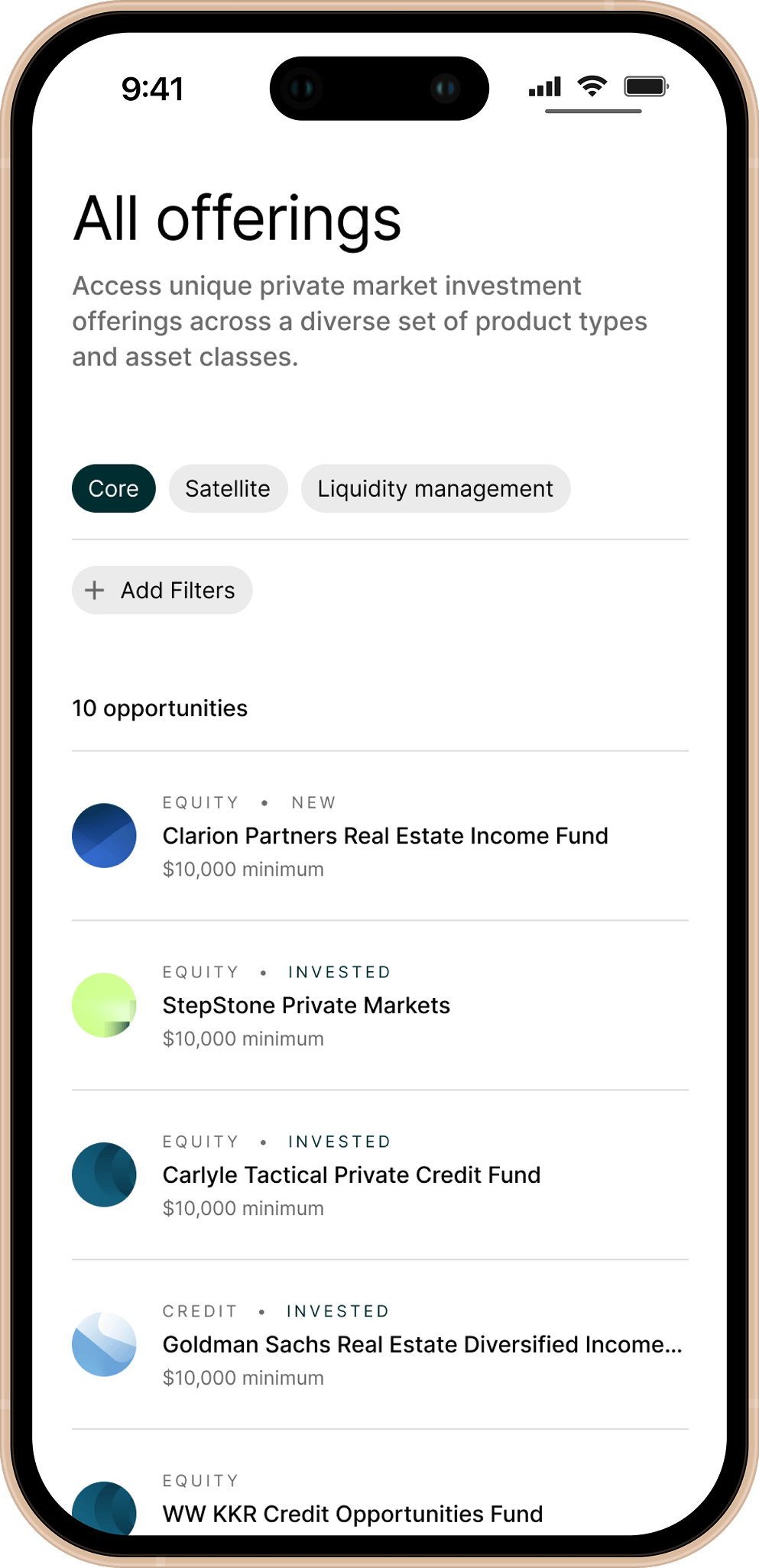 All investments view on mobile